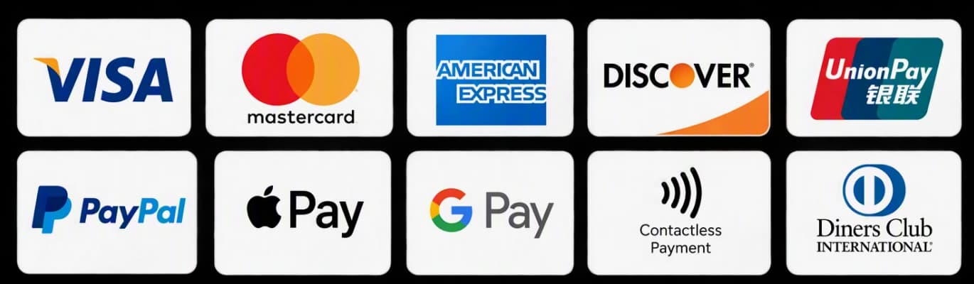Принимаемые способы оплаты: Visa, Mastercard, American Express, Discover, UnionPay, PayPal, Apple Pay, Google Pay и Diners Club